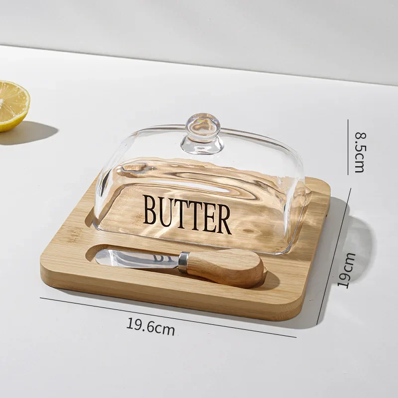 New Wood Butter Dish with Glass Lid and Knife,Cheesecake Dessert Storage Plate,Kitchen Countertop Dish,Butter Cheese Container