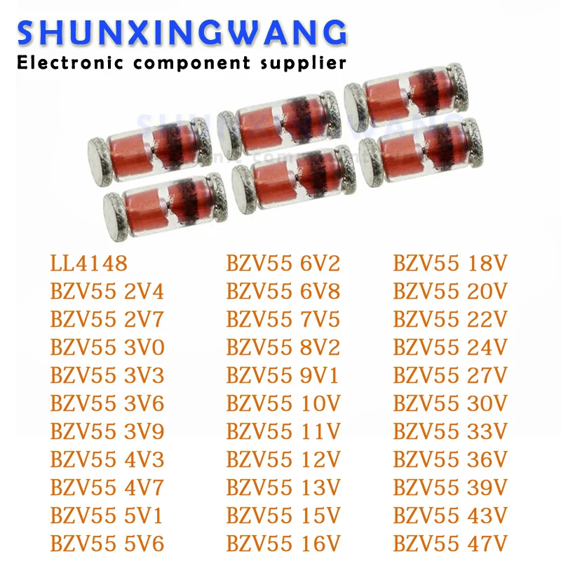 100PCS LL4148 LL-34 1N4148 ZMM BZV55 4V7 4.7V 5V1 5.1V 12V 3V3 3.3V 15V 3V 18V 5.6V 5V6 6V2 Cylindrical voltage regulator diode