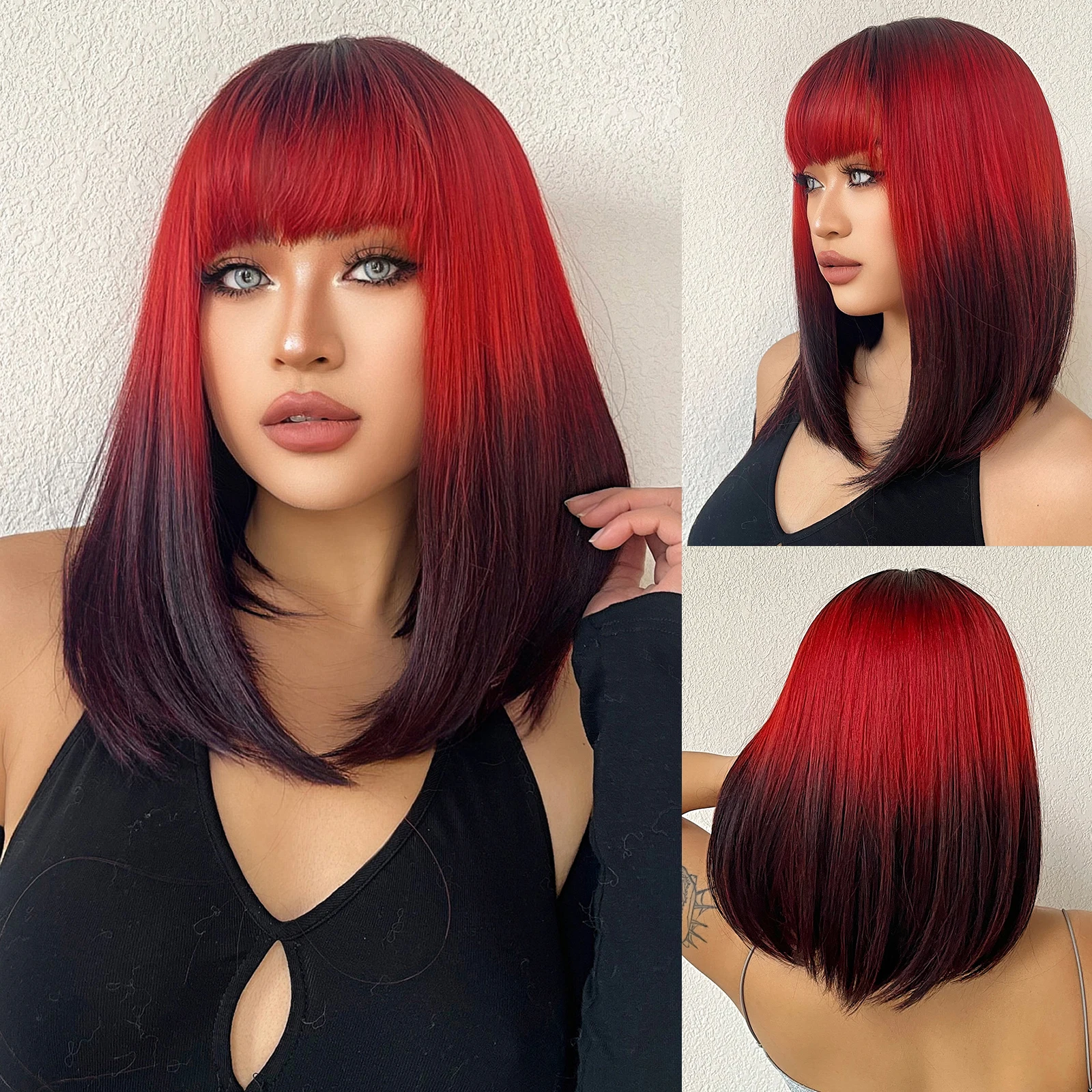

Straight Synthetic Wigs Middle Length Black Red Wine Ombre Hair Wig with Bangs Cosplay Wigs for Women Heat Resistant Halloween