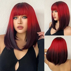 Straight Synthetic Wigs Middle Length Black Red Wine Ombre Hair Wig with Bangs Cosplay Wigs for Women Heat Resistant Halloween