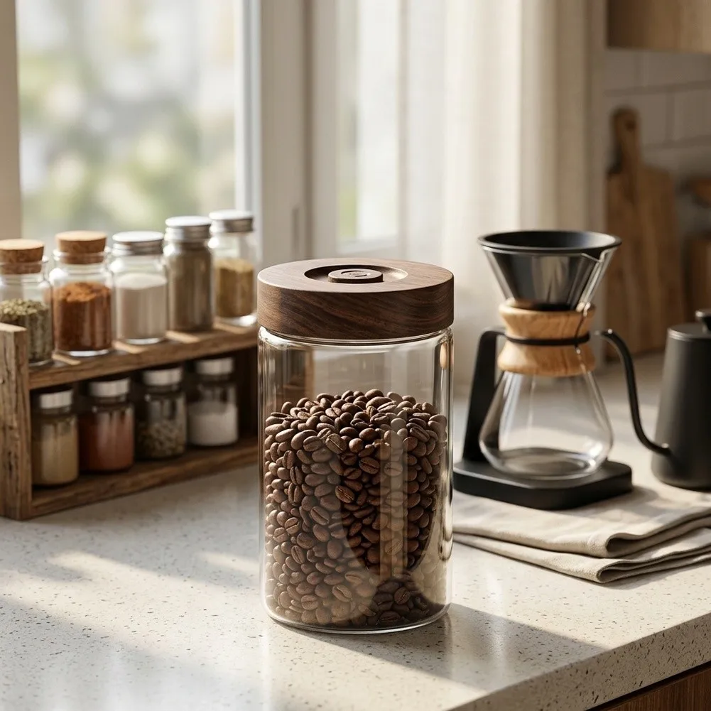 Glass Coffee Storage Canister 9oz with Wooden Lid Offers Secure Airtight Closure for Long Term Freshness Preservation