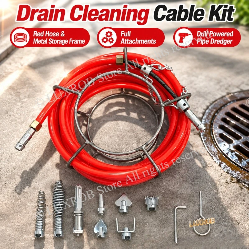 Drill Powered Drain Cleaning Cable Kit with PU Tube,10Pcs Accessories for Sewer Toilet Sink Clog Remover Plumbing Repair Tool