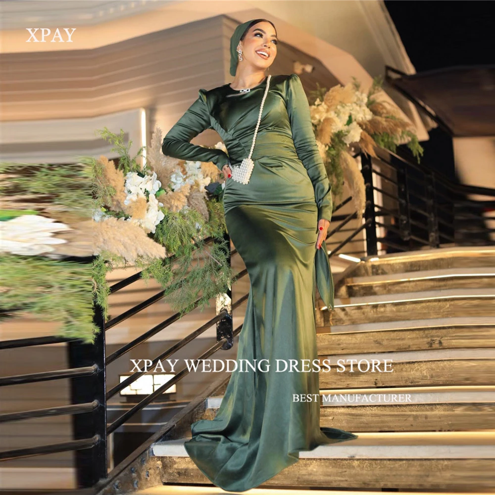 

XPAY Simple Army Green Silk Mermaid Evening Dresses Dubai Arabic Muslim Long Sleeves Jewel Neck Prom Gowns Formal Party Dress