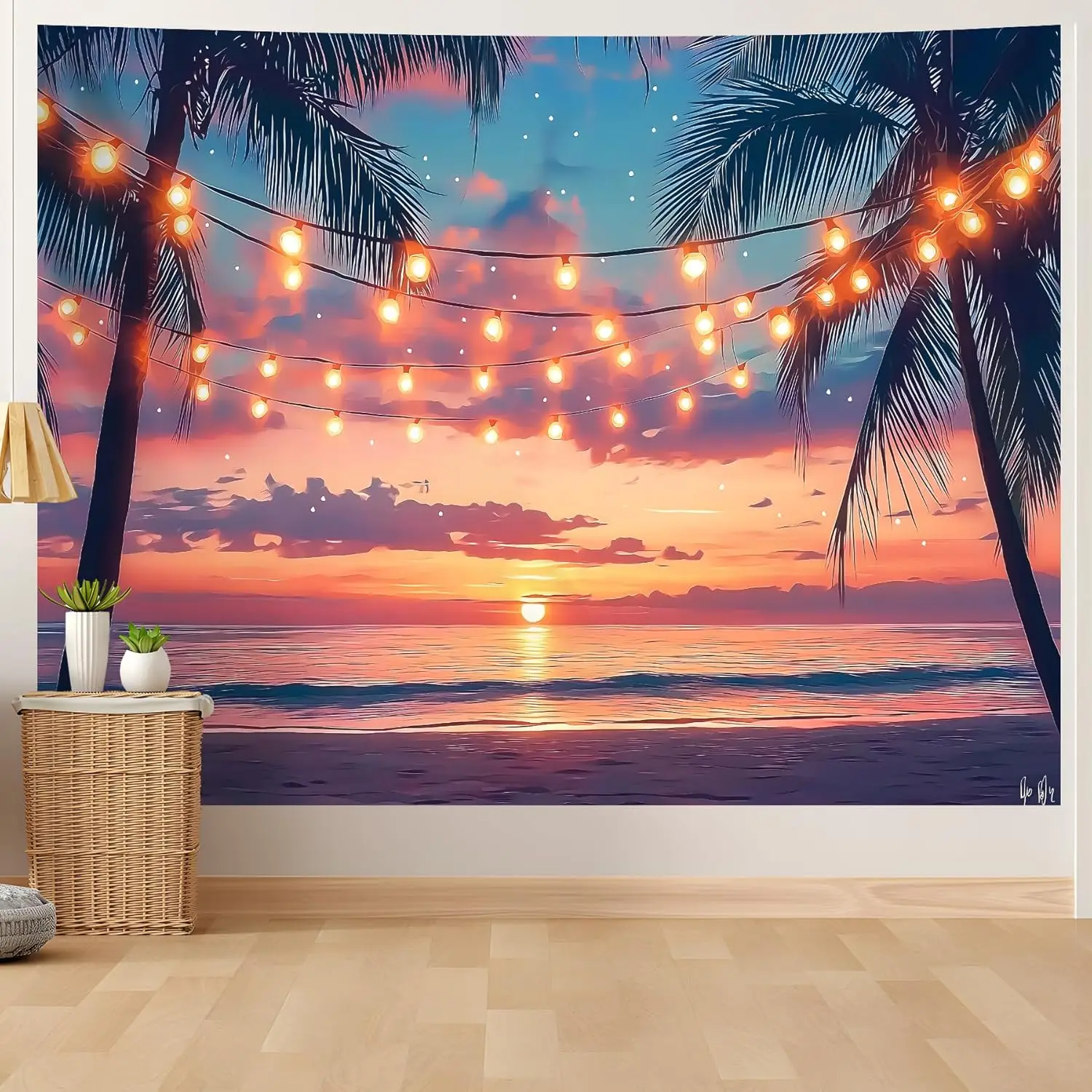 Ocean Sunset Tapestry, Beach Evening Sunset Tapestry,Natural Beach Palm Tree Landscape Poster,Seaside Landscape Wall Hanging for