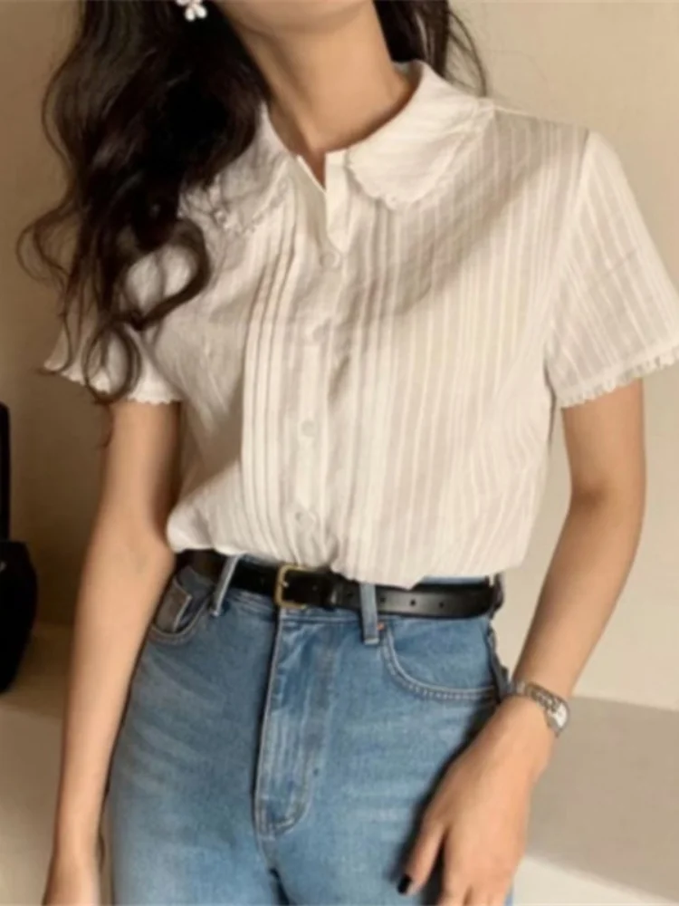 Women Peter Pan Collar Lace White Shirts 2024 Blusas Mujer De Moda Short Sleeve Tops Sweet Summer Solid Y2K Thin Blouses