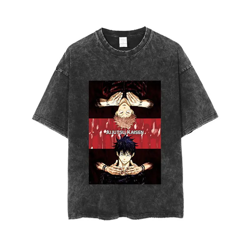 Premium Vintage Washed Jujutsu Kaisen Yuji Itadori X Megumi Red Black Split Print Oversized Unisex Harajuku Anime Streetwear Tee