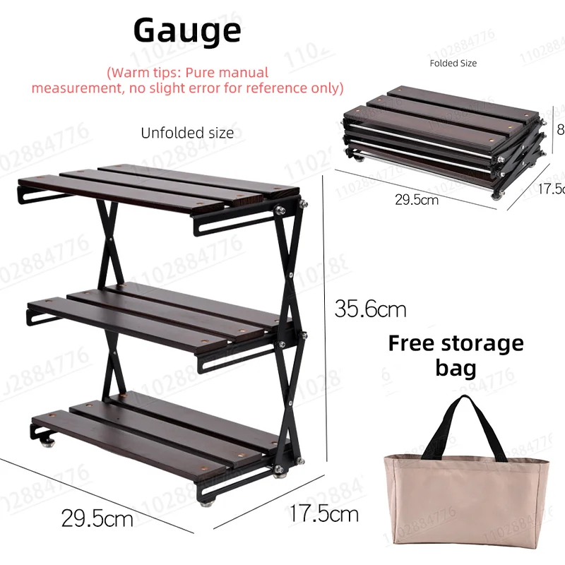 Metal Three Tier Folding Shelf Multifunctional Outdoor Camping Storage Rack Expandable Desktop Folding Wooden Folding Shelf