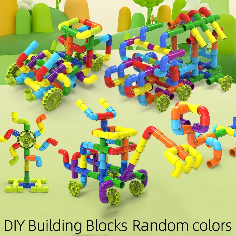 

DIY Pipe Toy with Wheels Water Pipe Insertion Set Plastic Versatile Large-Piece Building Blocks Pipeline Construction Toy