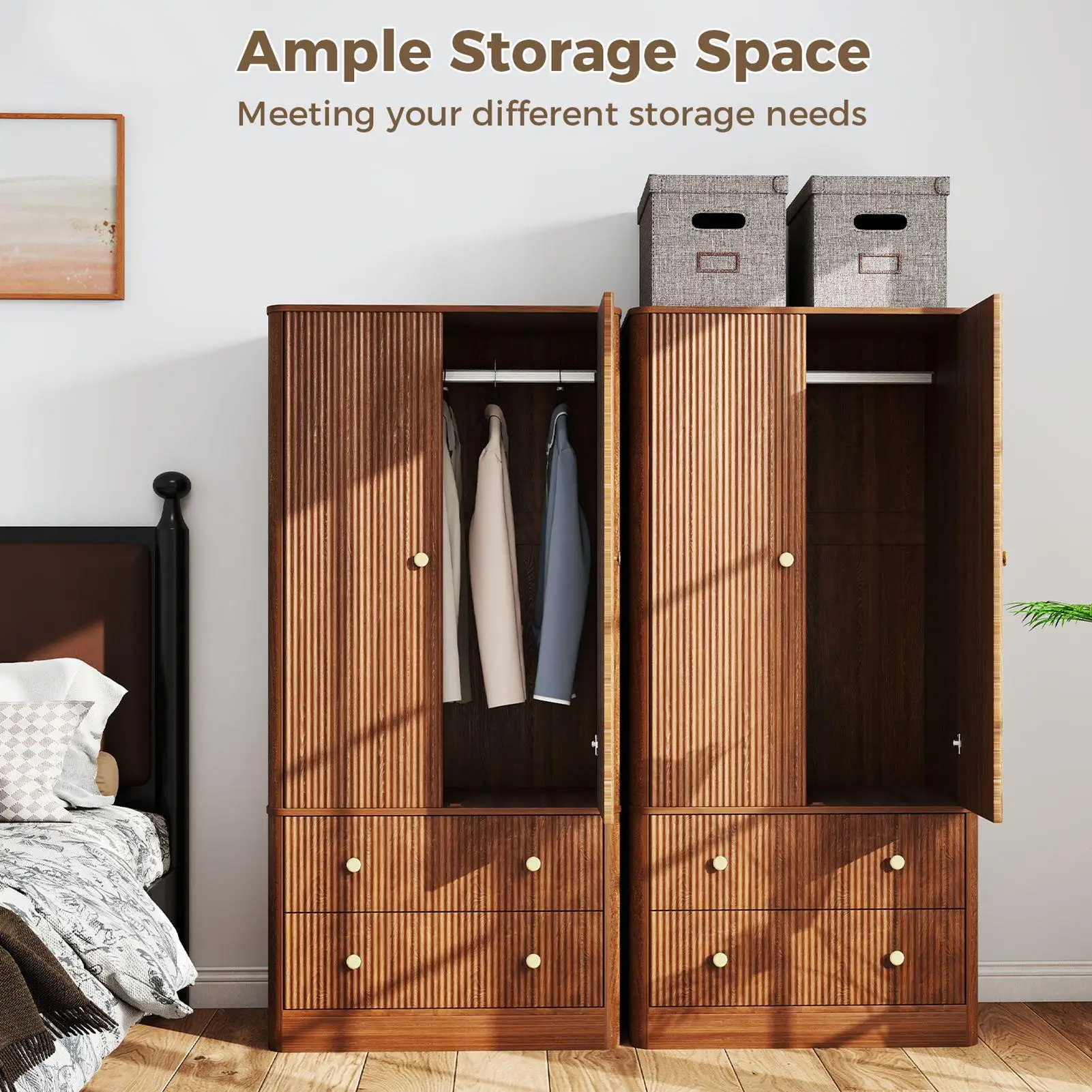 Walnut 2-Piece Fluted Freestanding Armoire Wardrobe - 2 Doors & 2 Drawers, Large Capacity Wooden Closet for Bedroom Living Room