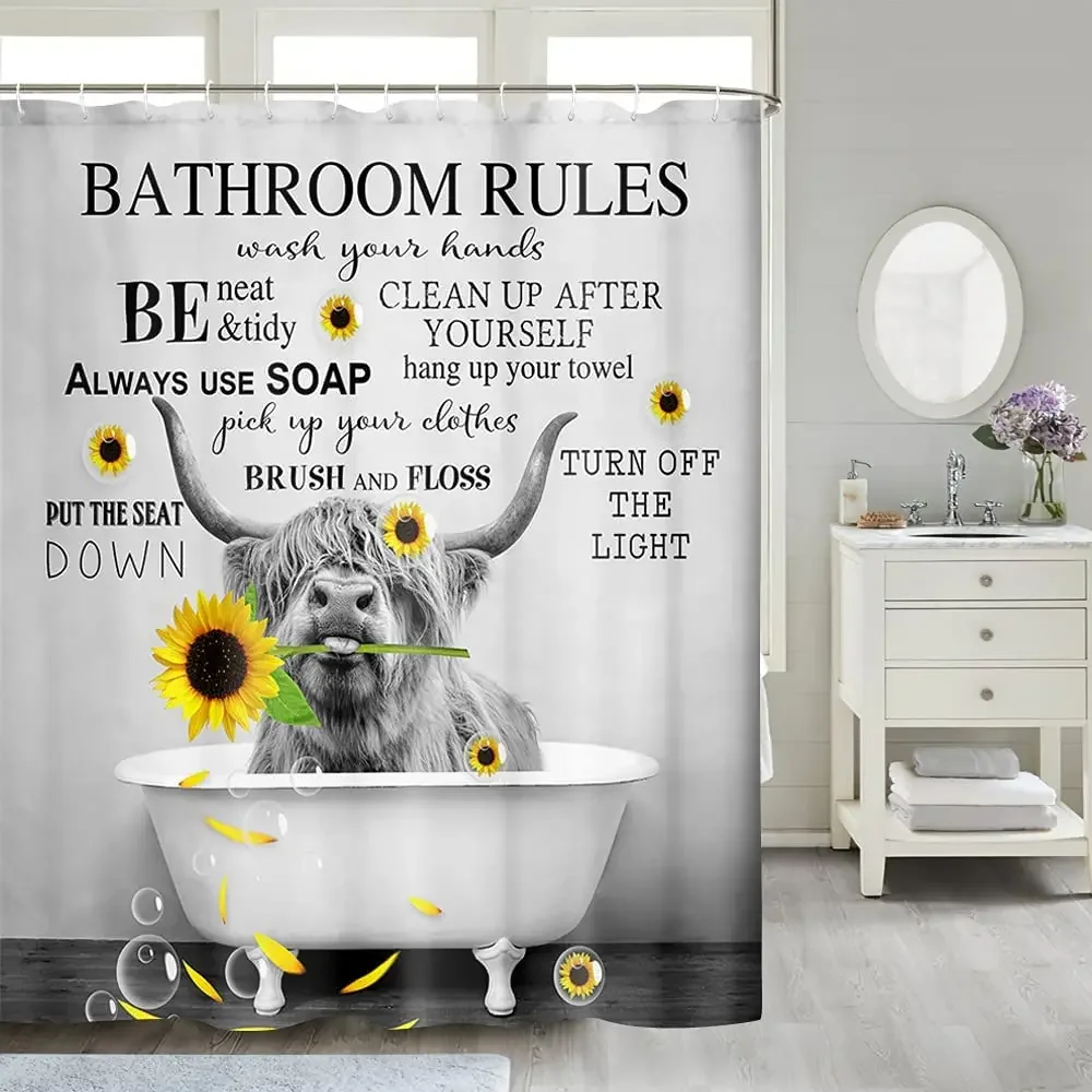 

Funny Highland Cow Bathroom Rules Shower Curtain Western Rustic Farmhouse Longhorn Bull Sunflowers and Bubbles in Bathtub Gray