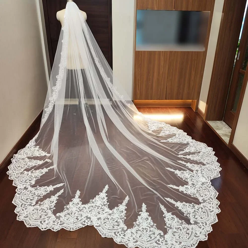 

Tailored mermaid tail wedding veil 3 m/3.5 m/4 m long lace bruise with comb, one floor Velo de Novias