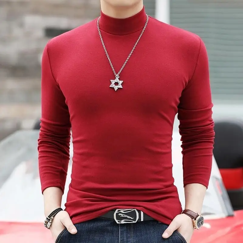 Fashion Autumn Winter Solid Stretch Turtleneck Stylish Slim Fit Long Sleeve Men\'s Luxury Golf WearT-Shirt Casual Normal Shirt