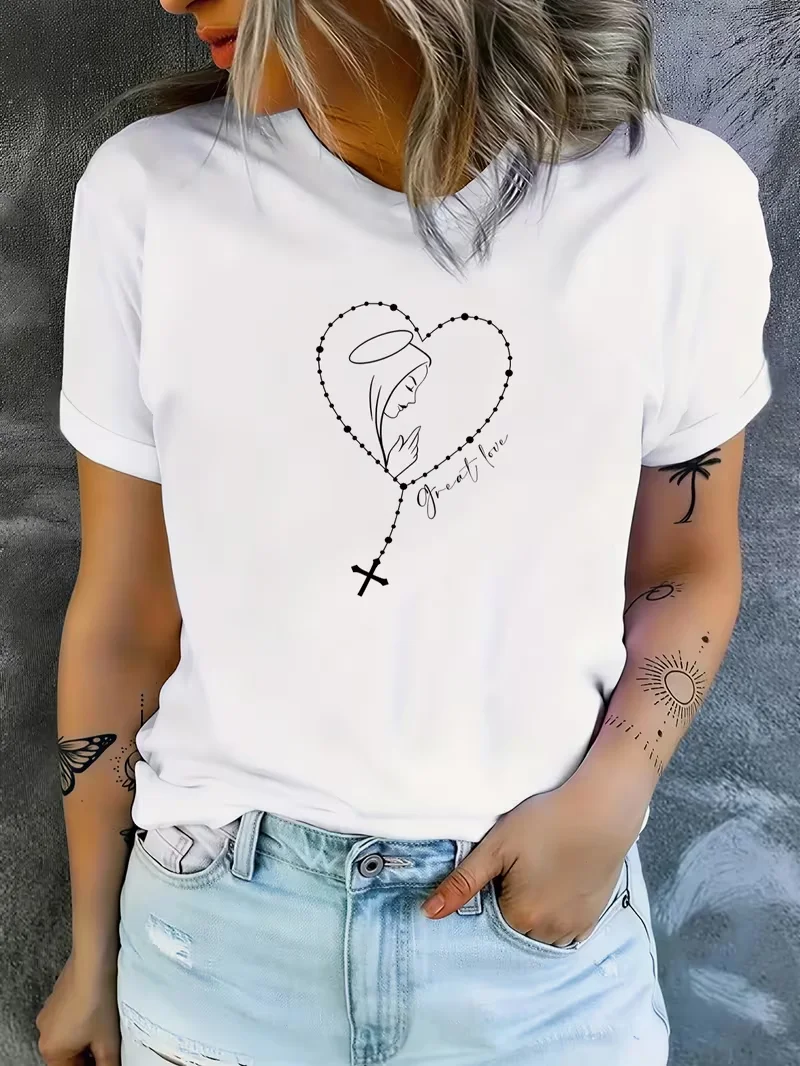 Great Love Virgin Mary Rosary Graphic T-Shirt Religious Christian Catholic Prayer Tee Summer Short Sleeve Women Streetwear Top
