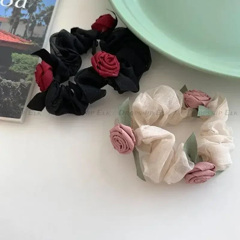 Koreańska moda letni kwiat róży jelito duże gumka do włosów opaska na głowę kobiety siatkowe elastyczne opaski do włosów Scrunchie akcesoria do włosów