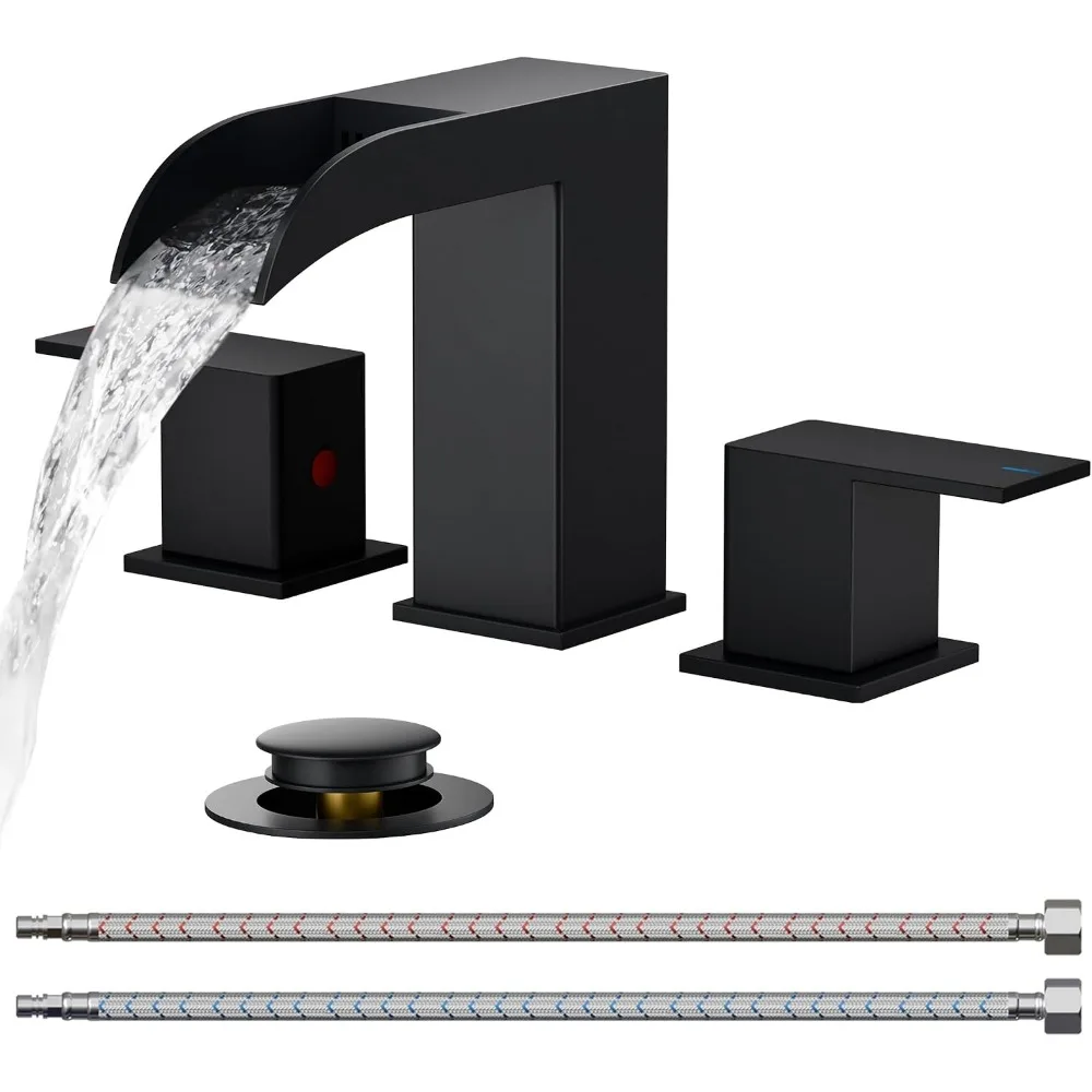 8 Inch Widespread Bathroom Sink Faucet with Square Waterfall, Matte Black, Lead-Free, for Vanity and Lavatory Basins