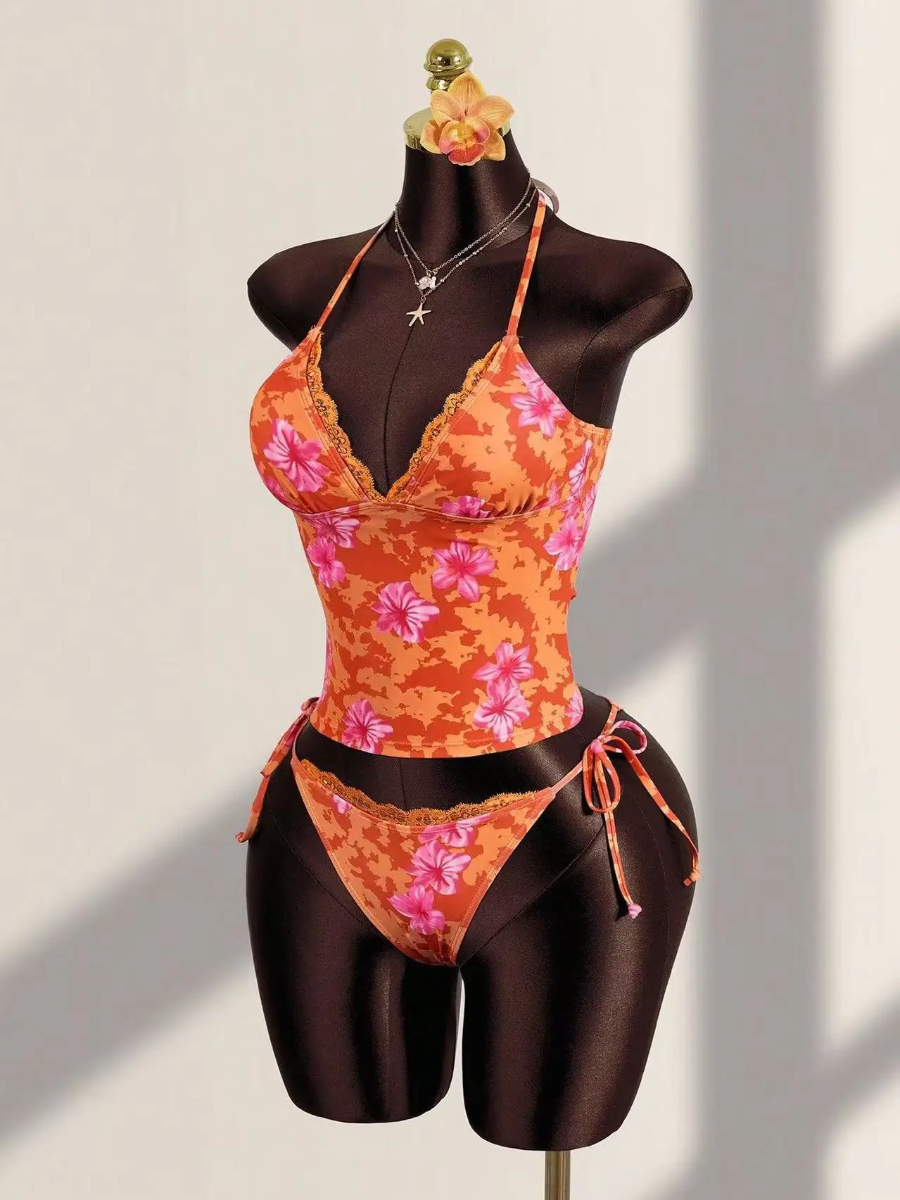Women's Beach Vacation Swimsuit Orange Embellished Tropical Flower Print Lace Trim Halter Neck Tie Side 2 Piece Bikini Set 2026 - Image 5