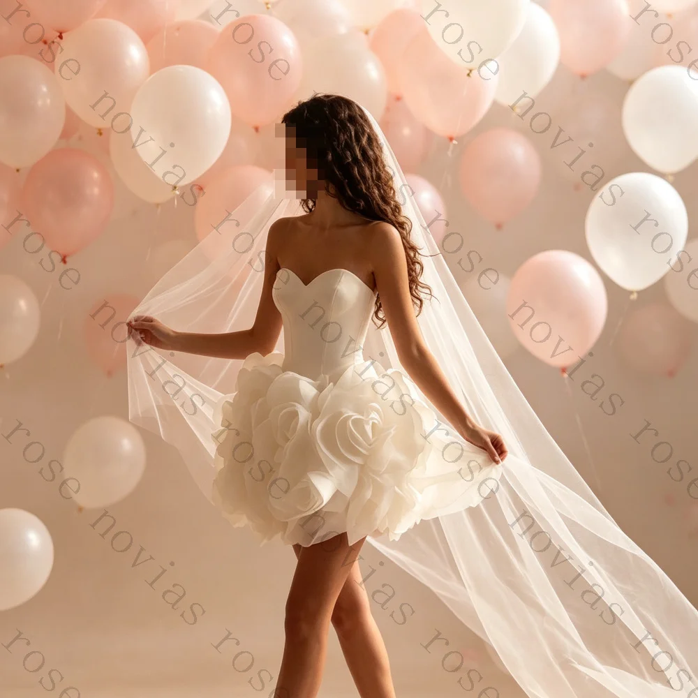 Customized Modern Elopement  Reception Bridal Party Gowns Strapless Sweetheart Satin Short Dress 3D Floral Mini Wedding Dresses