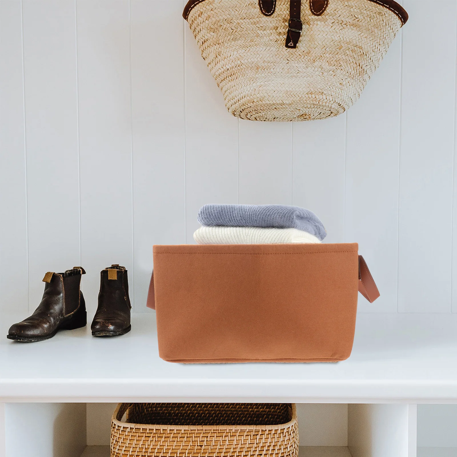 

Felt Storage Brown Nonwoven Organizer Portable Sundry Basket Desktop Household Basket For Room Bathroom Living Room Decor