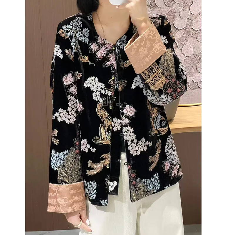 Autumn New Exclusive Design O-neck Beading+Sequin Embroidered Silk +Velvet Fabric Fashion Contrast Color Cuff Women's Jacket