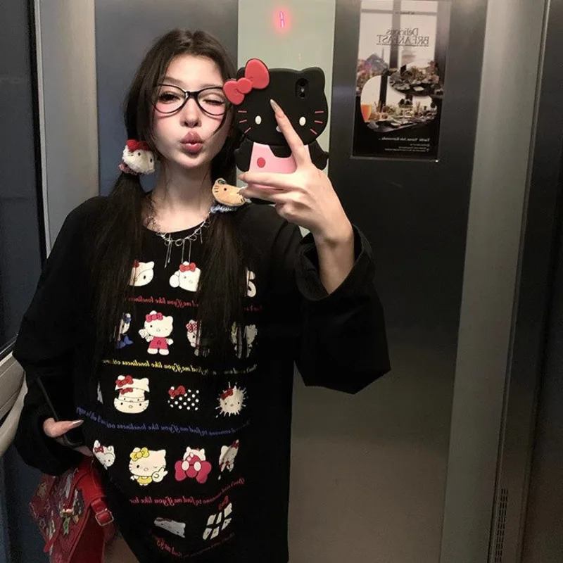 Miniso Hellokitty Long Sleeve T-shirts Girls Cartoon Kitty Printed Cute Tops O-neck Black Korean Tees Plus Size Women Clothing