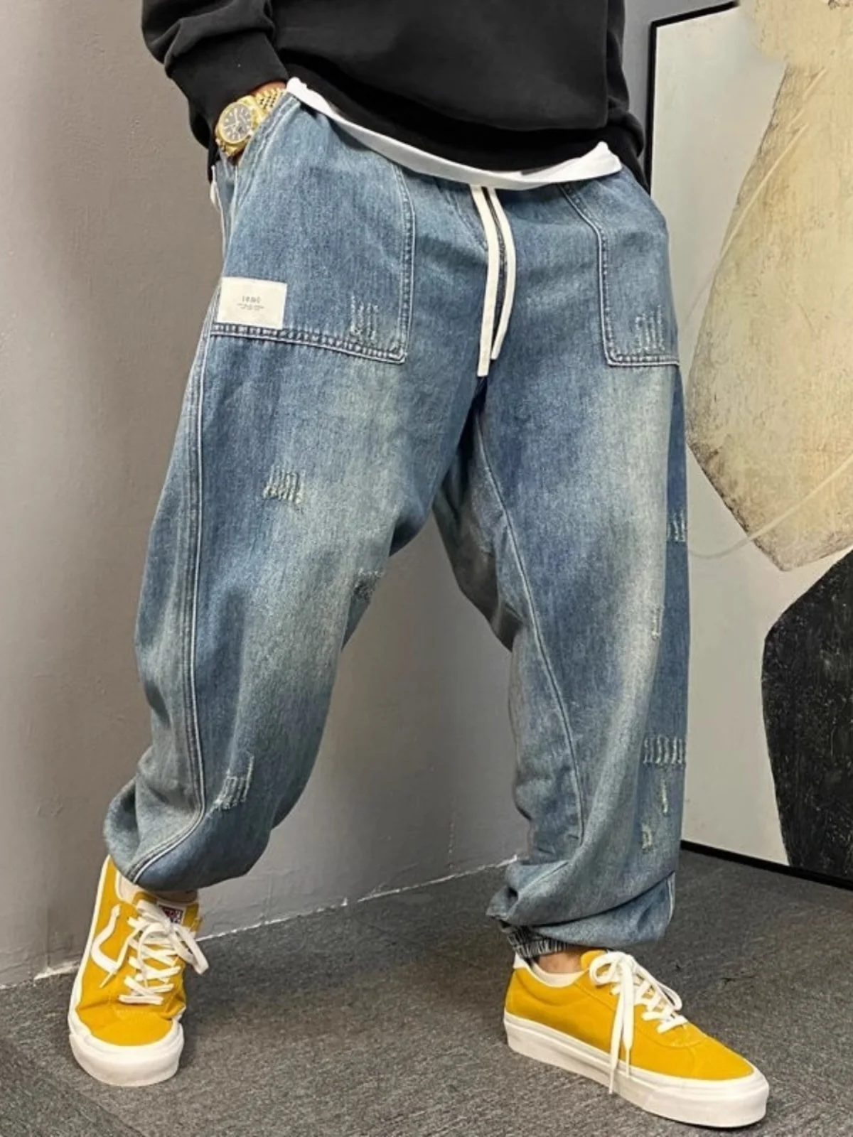 

plus Size Men's Denim Jeans Casual Harlan Waed Elastic Waist Straight Leg Ankle-Length Trousers Trendy Spring Summer Jeans