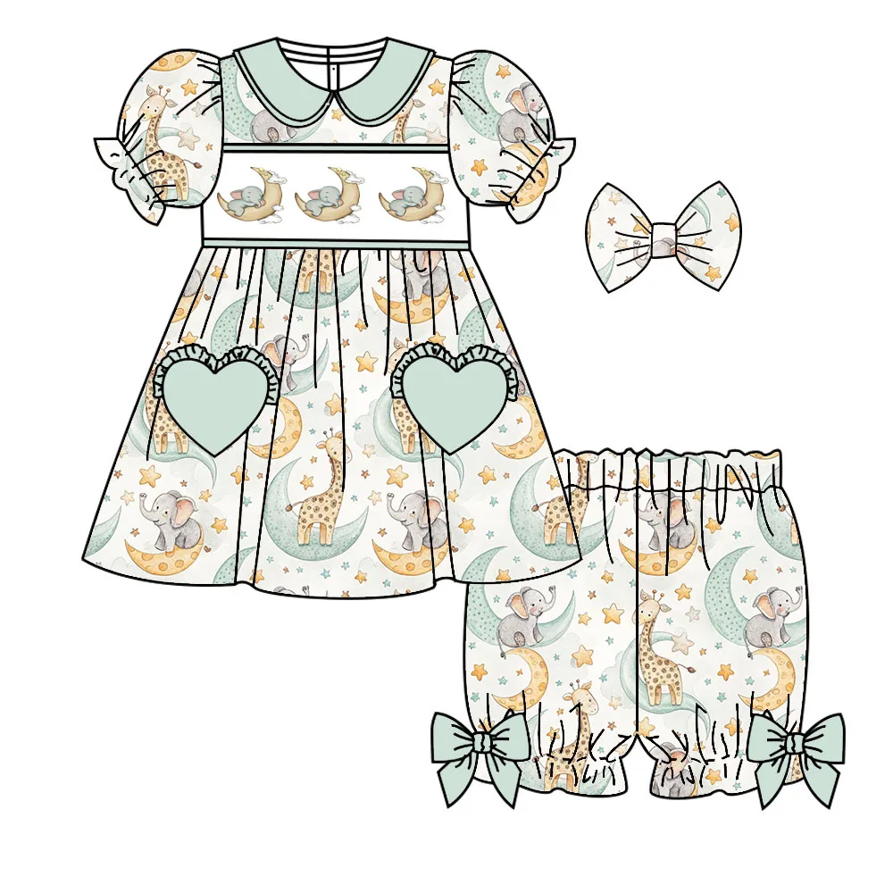 Girls' pajama set short-sleeve shorts heart-shaped pocket bow decoration animal and fruit print custom wholesale available