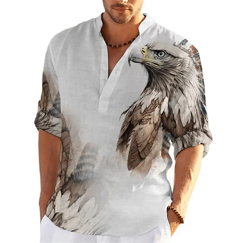 Animal Eagle 3D Printed Henley Shirts Men's Fashion Streetwear Oversized Stand Collar Long Sleeve Shirt Tops Blouse Man Clothing