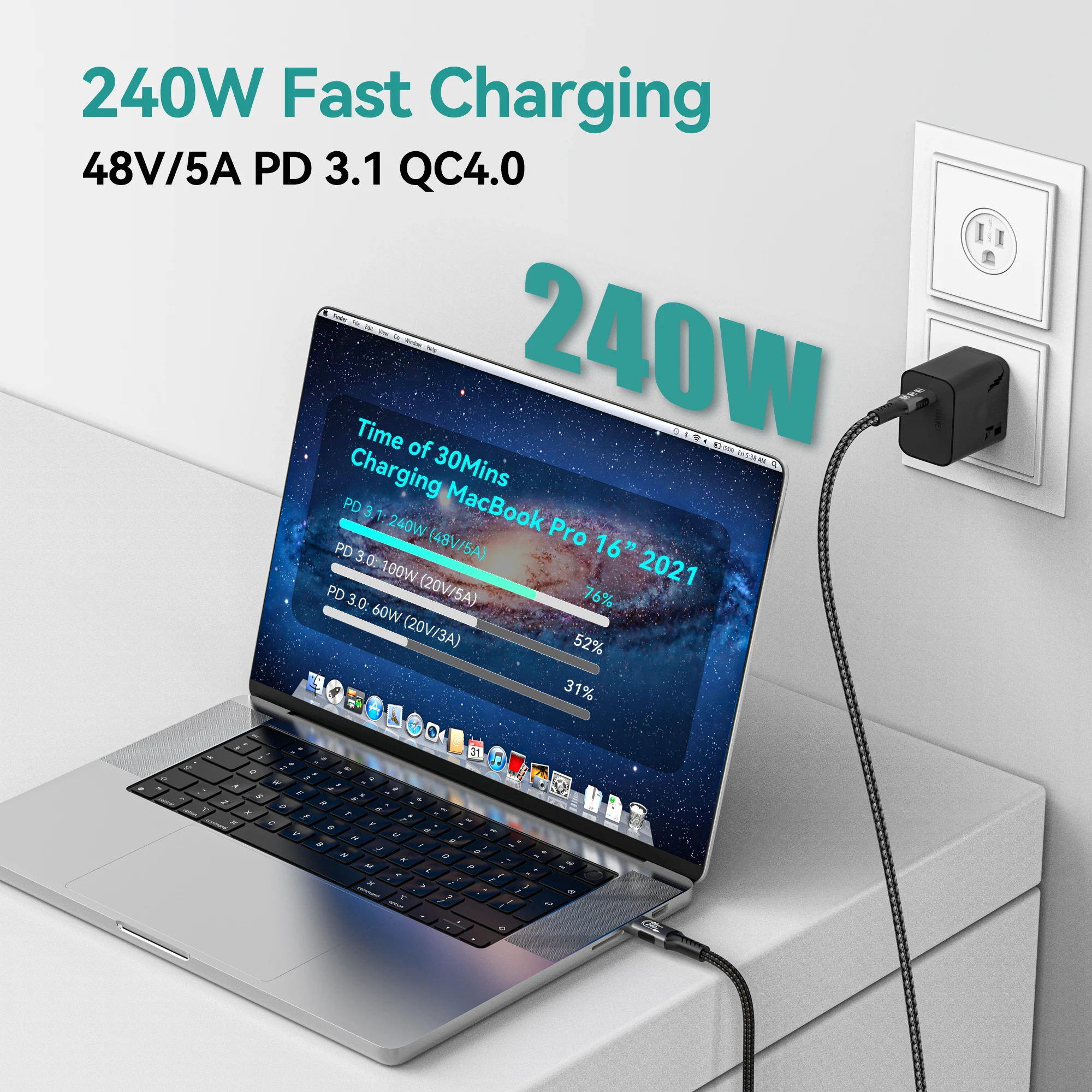 USB 4 for Thunderbolt 4 Cable 8K@60Hz 40Gbps Data Sync 240W Fast Charging USB C to USB C Thunderbolt Cable for MacBook Monitor view 3
