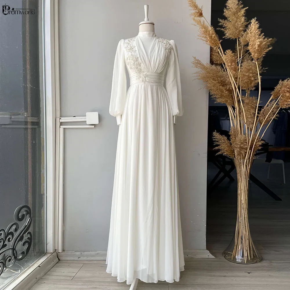 White Dubai Muslim Evening Dresses For Women Lace Appliques Beaded Chiffon Long Sleeves Hijab Wedding Party Gowns 2023