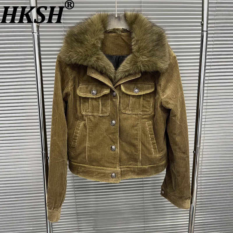 

HKSH Autumn Winter New Women Warm Coat Detachable Fur Collar Single Breasted Pockets Corduroy Retro Elegant Thick Jacket HK16355