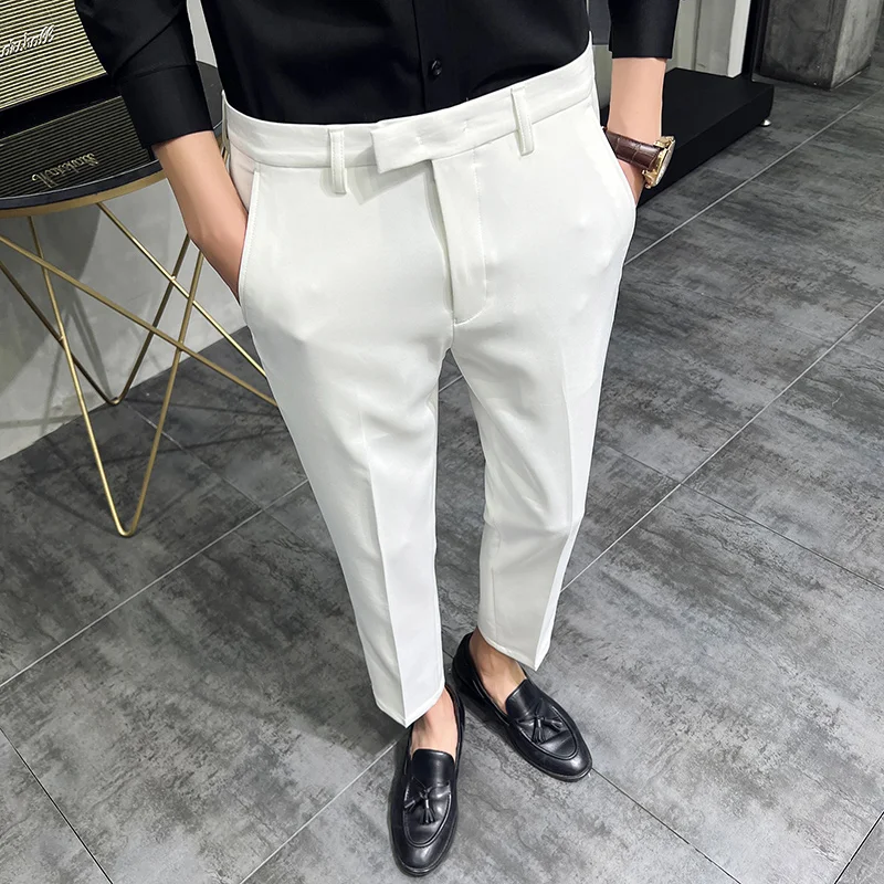 2024 Summer Fashion Mens Dark Green Suit Pants Pure Color Business Occupation Slim Fit Dress Office Ankle Trousers