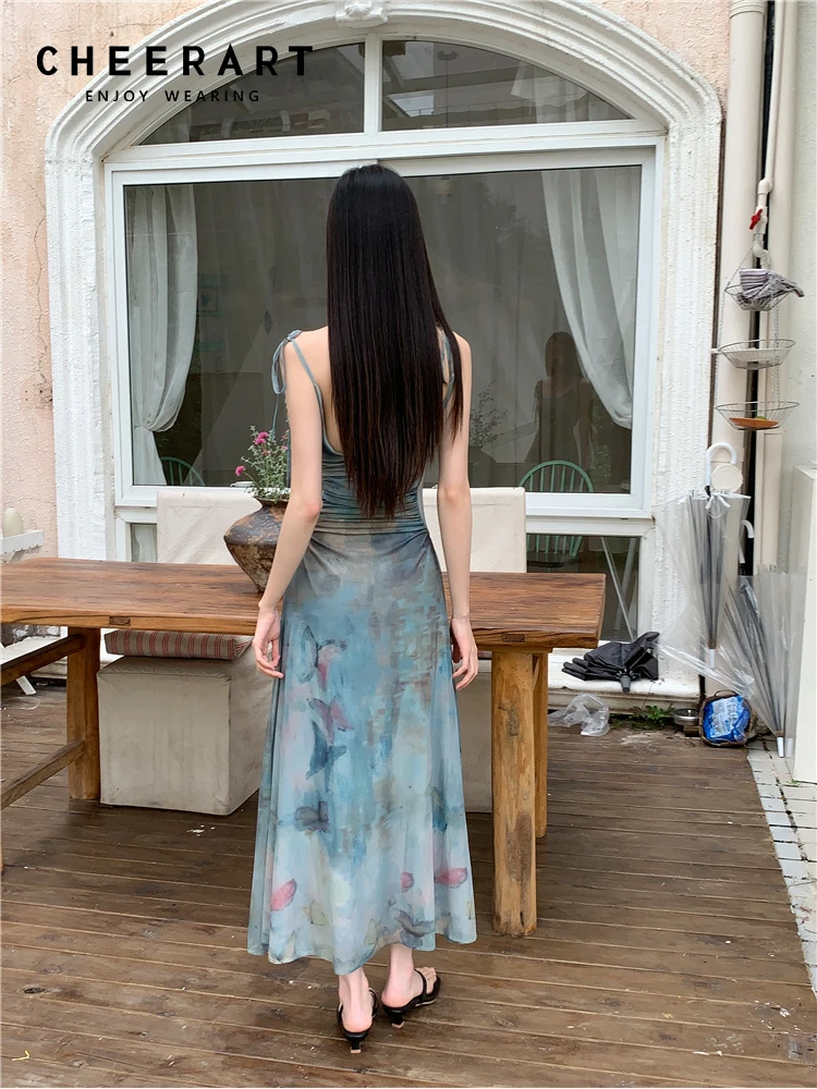 CHEERART Oil Painting Butterfly Backless Mesh Long Slip Dress 2024 Women Sleeveless Tunic A Line Designer Midi Dress Summer