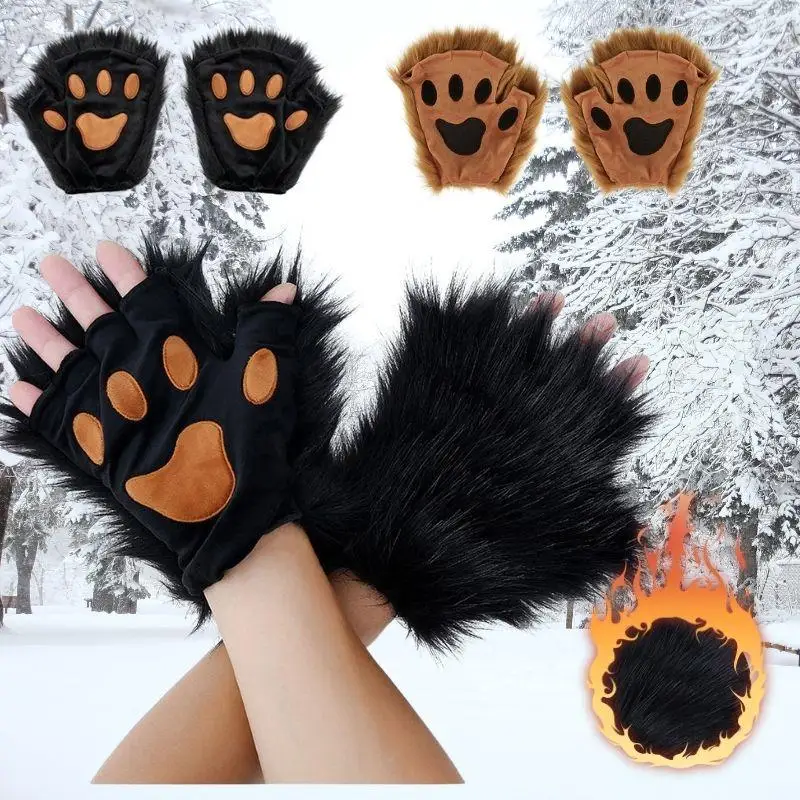 

Halloween Wolf Claw Glove Winter Faux Fur Cat Paw Fingerless Gloves Cute Fluffy Soft Bear Paw Warm Party Cosplay Outdoor Mittens