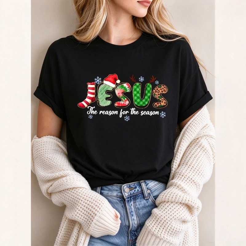 Jesus The Reason for The Season Christmas Graphic T Shirt Men Women Holiday Leopard Plaid Print Cotton Tee Y2k Top