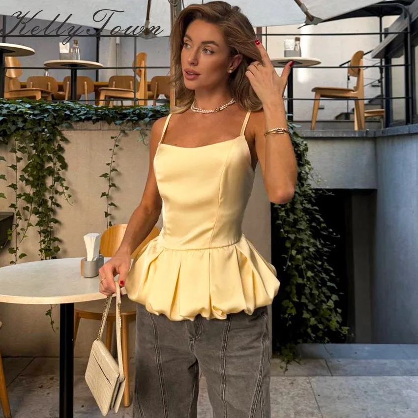Weißes Spaghetti-Träger-Top aus Satin, schwarzes ärmelloses Oberteil für Damen, Frühling/Sommer 2026, mit Rüschensaum, elegantes Camisole für Damen, für Dates und Clubs