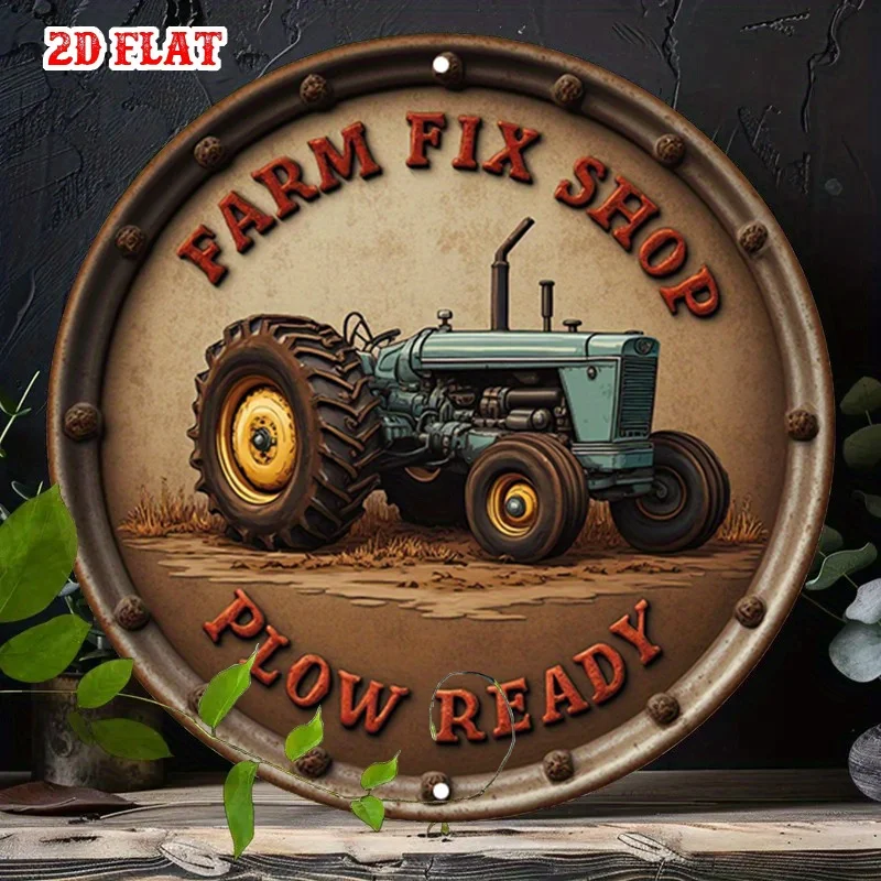 2D Flat 1pc Tractor 7.87X7.87 Round Aluminum Sign, Farm Fix Round Aluminum Sign, Cozy Cottage Metal Tin Sign - Vintage Style