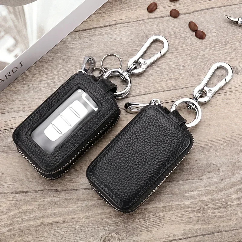 ZK30 Double-layer Zipper Car Key Bag Lychee Pattern Top Layer Cowhide Key Bag Genuine Leather Key Chain Large Capacity KeysBag