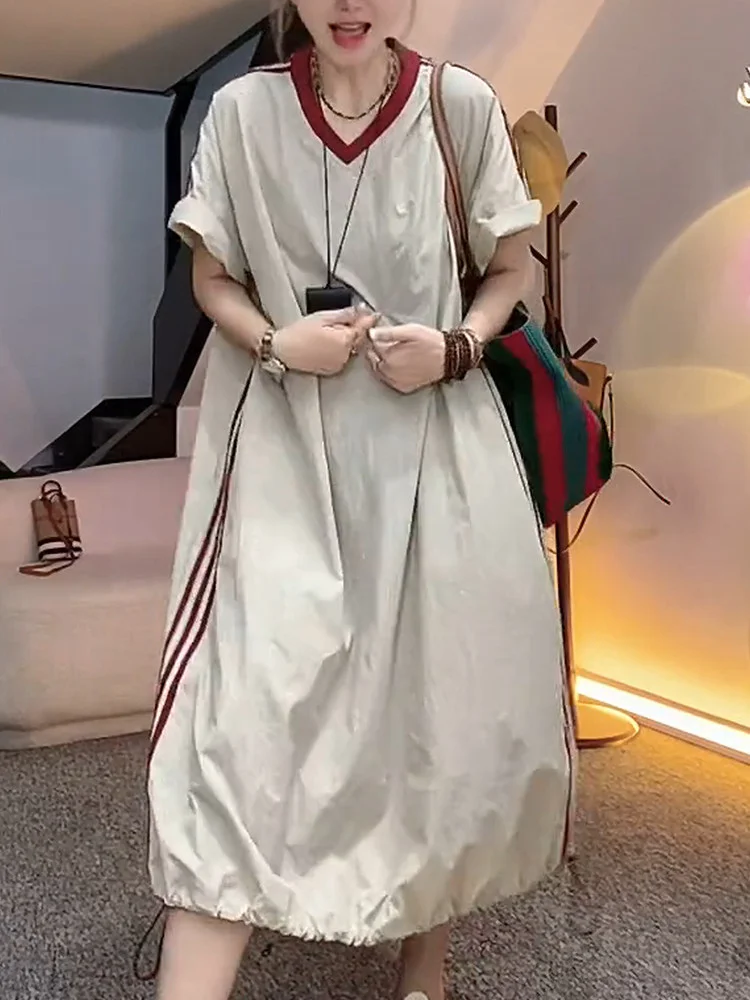 plus Size Quick Dry V-Neck Women's Dress Summer Loose Short Sleeve A-Line Long Dress Casual Style City Commute Polyester Fiber