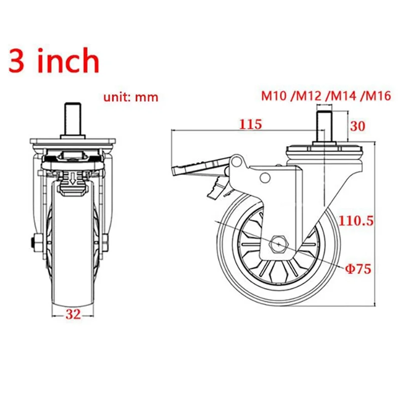 Rodízio Rodízio Rodas 4 PCS M16 Rosca Rodas Pesadas com Freio Universal 360 °