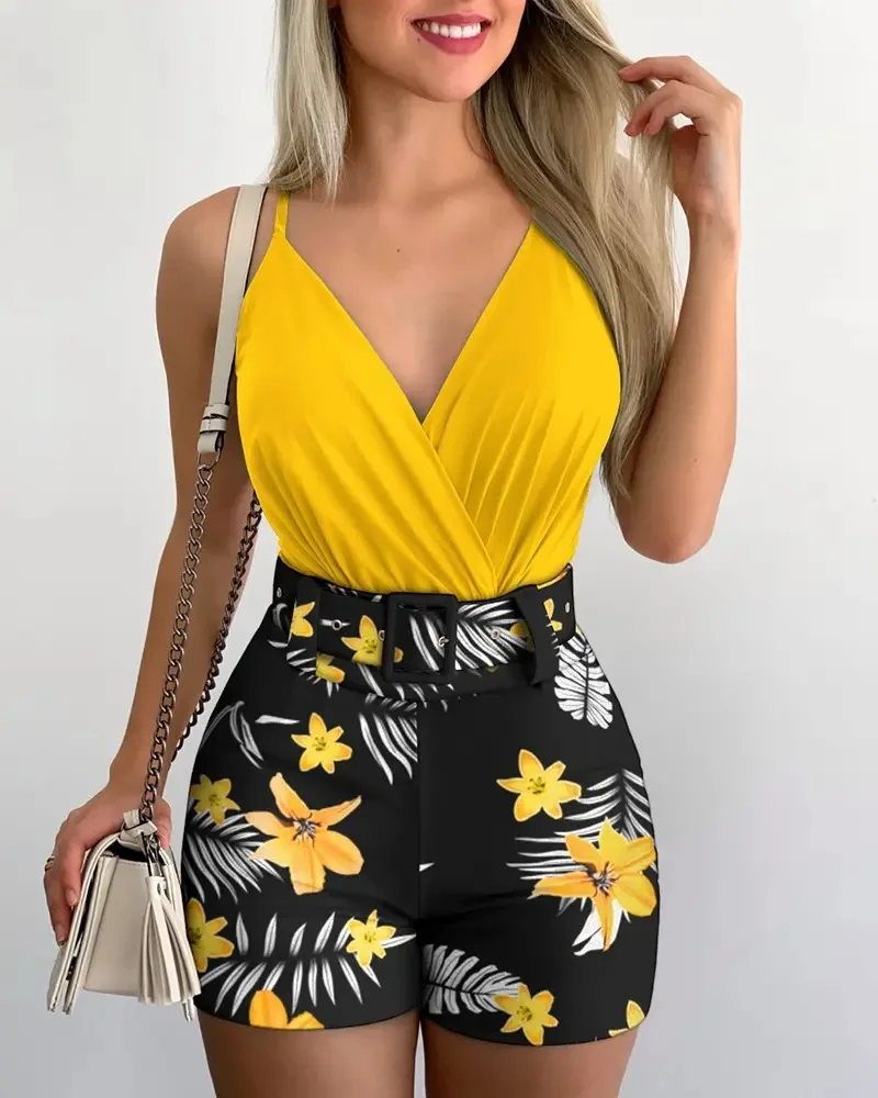 2025 Summer Fashion Shorts Set Women Sexy Sleeveless Halter Top Printed Shorts Two Piece Set Elegant Office Lady Commuting Suit