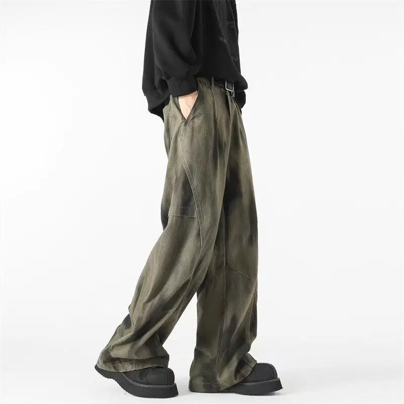 Men\'s Distressed Tie-dye Denim Pants Male Casual Fashion Straight Loose Wide Leg Trousers Jeans Vintage Hip Hop Mopping Pants