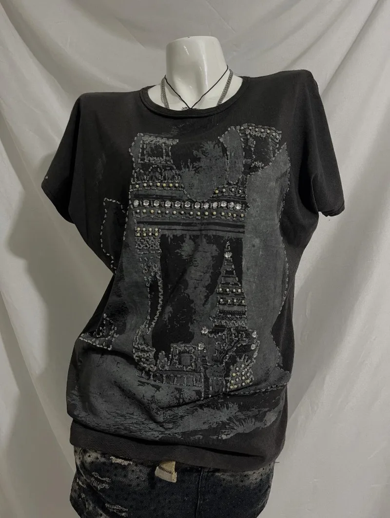 

Модный свободный топ с короткими рукавами и вышивкой бисером в темном стиле для женщин Y2k, американская уличная футболка в стиле Харадзюку в стиле ретро, мужская футболка большого размера