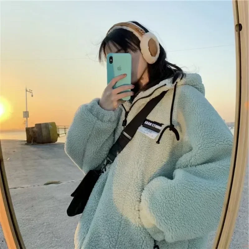 Winter Sweatshirts Oversized Warm Sudaderas for Women Zip Up Coat Fleece Hooded Coat Korean Fashion Women 2024 Y2k Streetwear