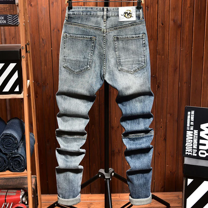 Calça jeans slim fit de perna reta masculina, jeans high end, casual com patch de buraco, biker emendado, nova marca de moda