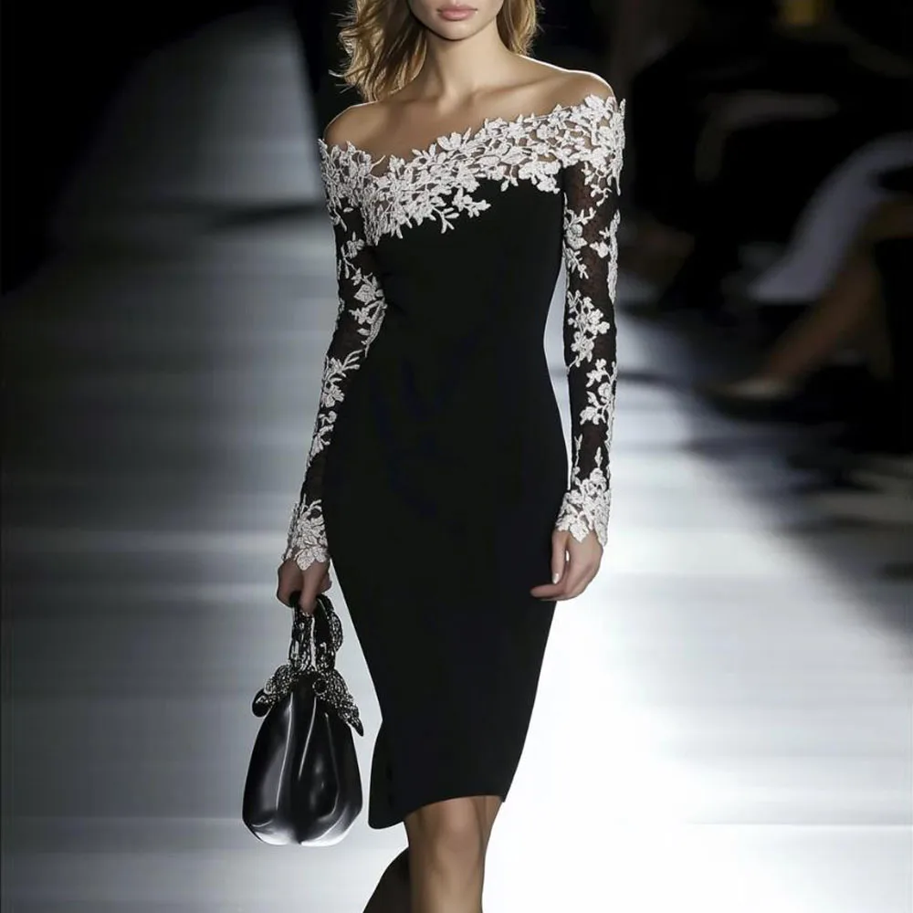 Customized Off Shoulder Lace Patchwork Bodycon Dress for Women Sheath Knee Length Formal Cocktail Dresses Column Short Prom Gown