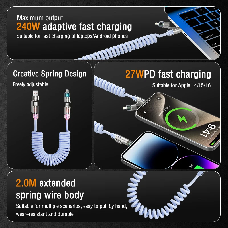 UTHAI YO5 65W four in one car spring data cable suitable for Huawei Typec ultra fast charging aromatherapy data cable