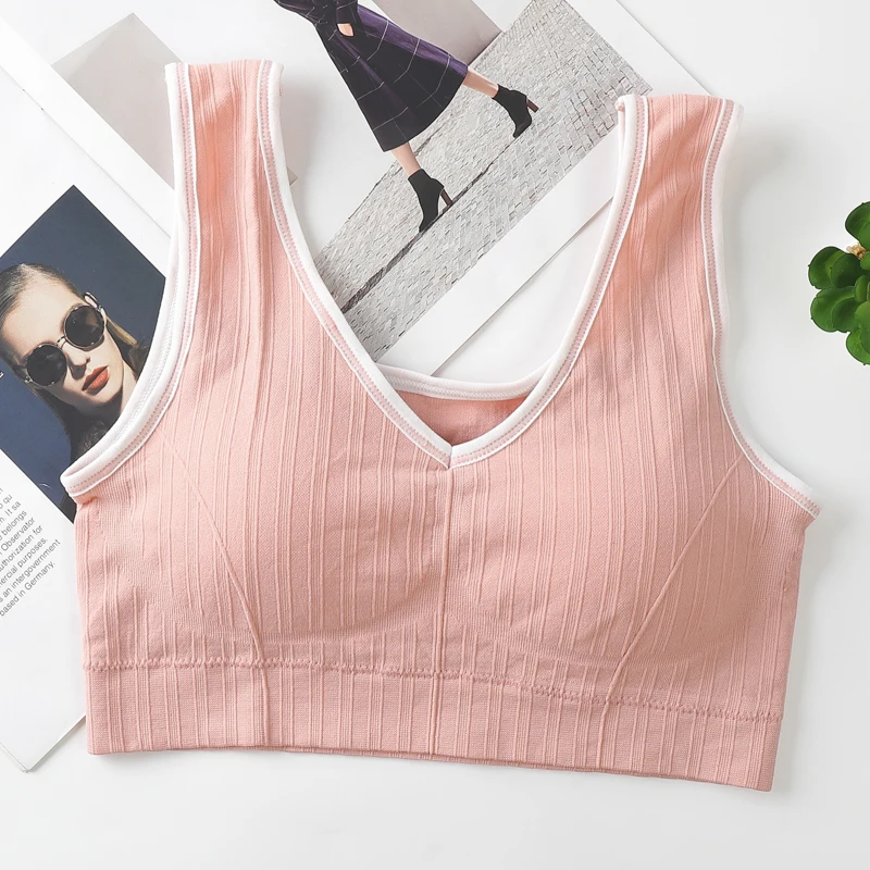 Big Size Tank Tops Women V-Neck Crop Top Comfort Underwear Wire-Free Camisole Girls Wide Straps Tube Padded Sports Bralette