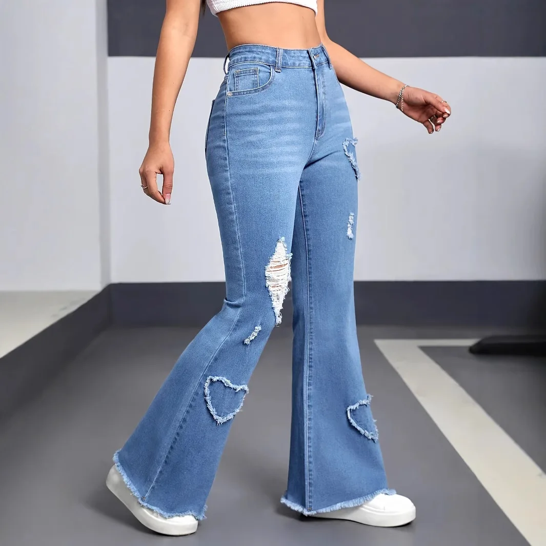 

2026 Luxury Women's Heart Ripped Flared Wide Leg Jeans Stretchy Casual Streetwear Denim Trousers