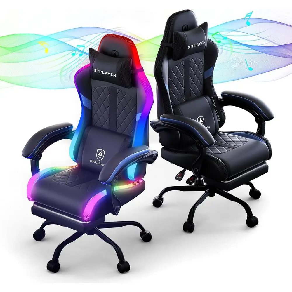 LED Illuminated Gaming Chair with Speakers - Reclining PC Chair for Adults, Home Office Desk Chair with Footrest, Blue