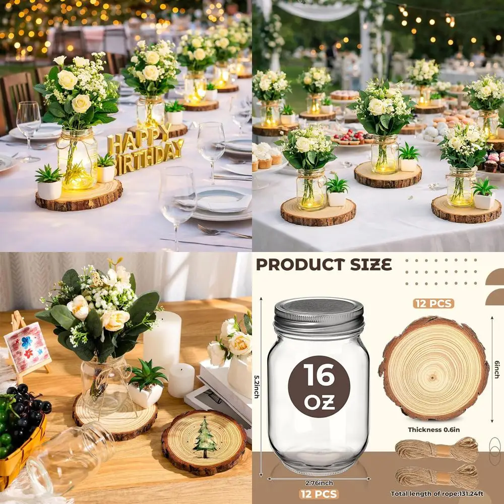 

Набор из 12 стеклянных банок Мейсона (4,8 дюйма) и деревянных дисков (5,5-6,3 дюйма) для рождественских цветочных композиций и декора в стиле фермерского дома